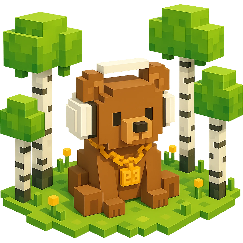 березовый лес, в котором сидит бурый медвежонок в белых наушниках (наушники должны закрывать уши медведя), на медведе цепь с подвеской "23", no background  emoji