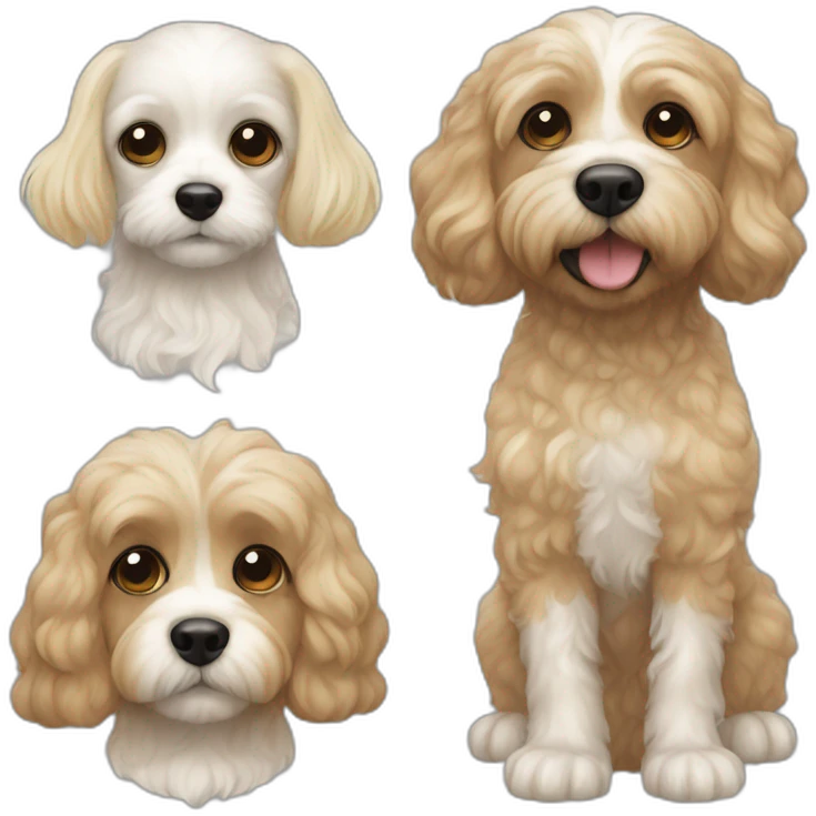White Cavapoo, a blonde girl, a bearded dark haired guy emoji