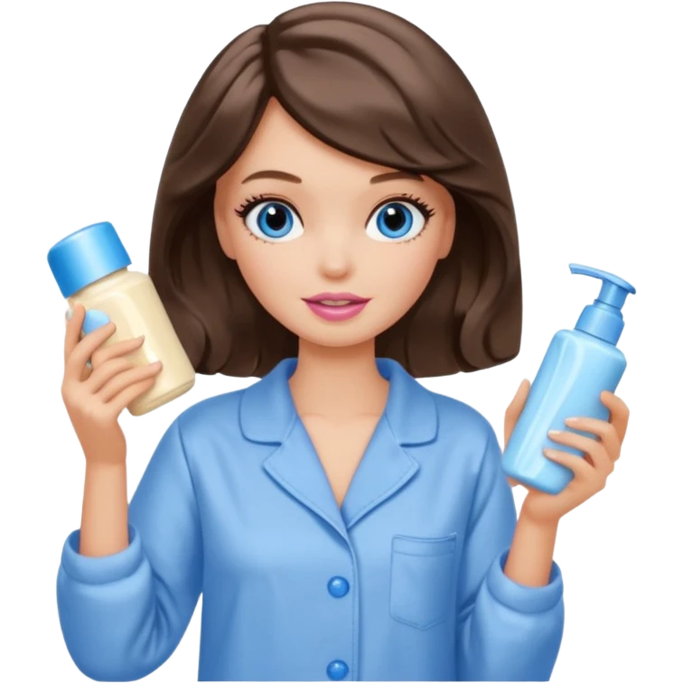 Barbie girl with makeup, blue eyes , and bob long haircut wavy, short brown hair in creamy color pajamas, face cream in hand emoji