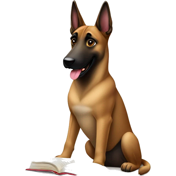 malinois prends des notes avec un livre emoji