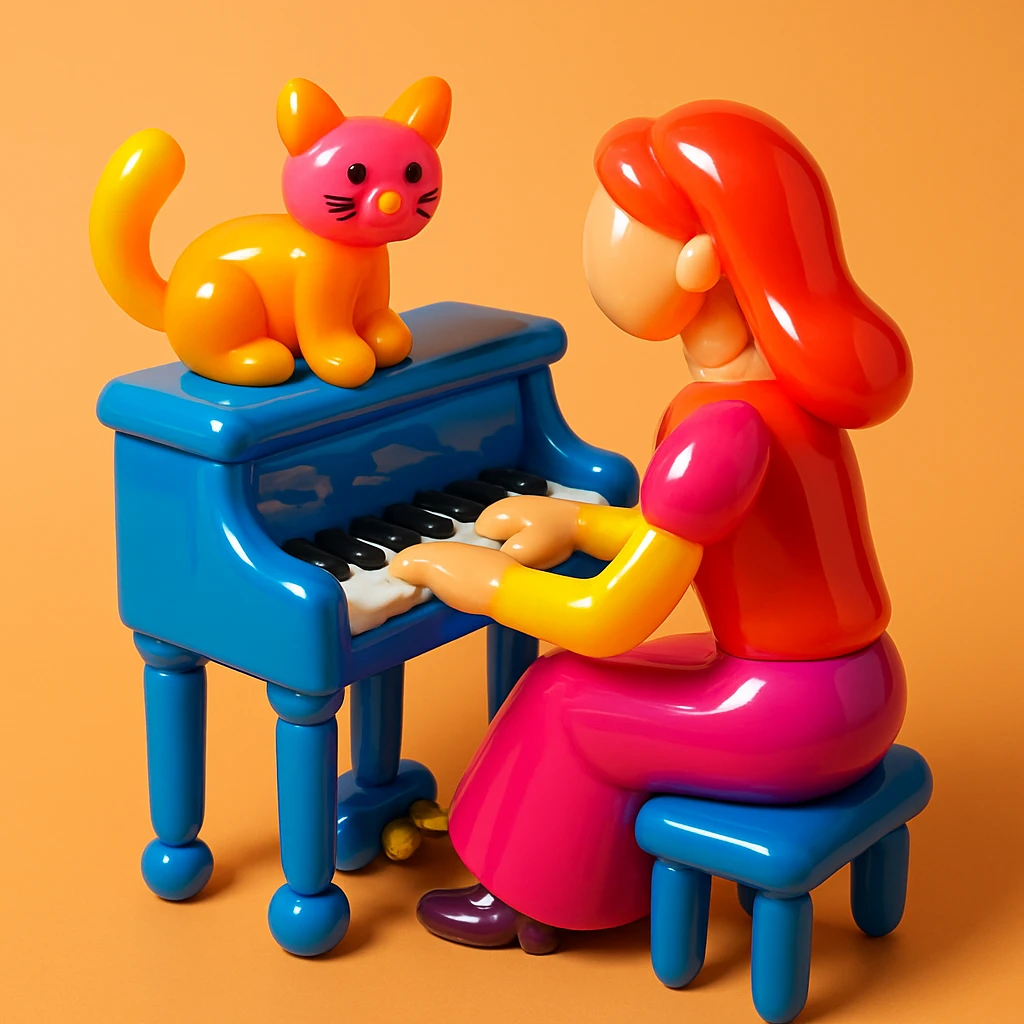 woman playing piano while her cat sits on top of the piano emoji