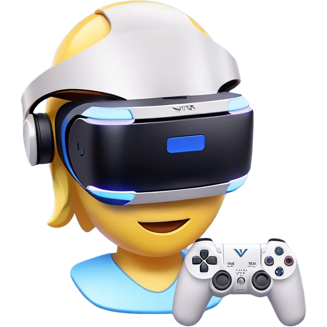Clash of Clans aesthetic: Cinematic Playful PlayStation VR Headset Portrait Emoji, rendered in a 3D vector-style similar to standard emojis with minimal shading and bold, simplified shapes. A compact, distinct form with signature details, softly glowing with a cutting-edge console technology charm. Simplified yet unmistakably iconic, highly detailed and consistent, glowing with a soft radiance and high shine. Stylized with a touch of technological advancement and a soft glowing outline, capturing the essence of a beloved gaming relic with a friendly, playful manner! emoji