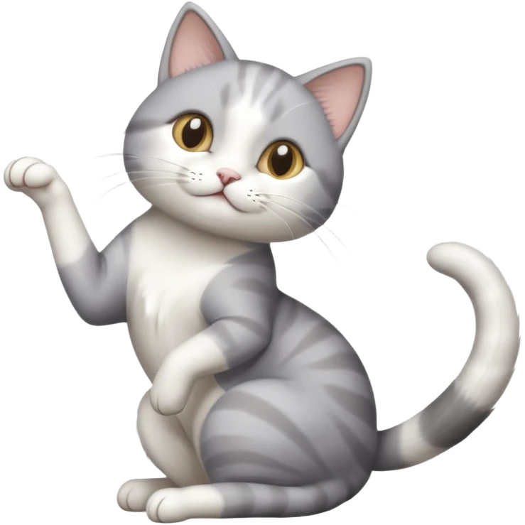 grey and white cat doing a big long stretch emoji