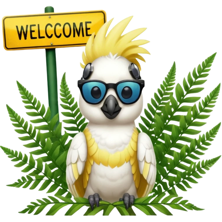 sulfer crested cockatoo wearing sunglasses sitting in a green fern tree with an australian street sign saying 'welcome to cockatoo' emoji