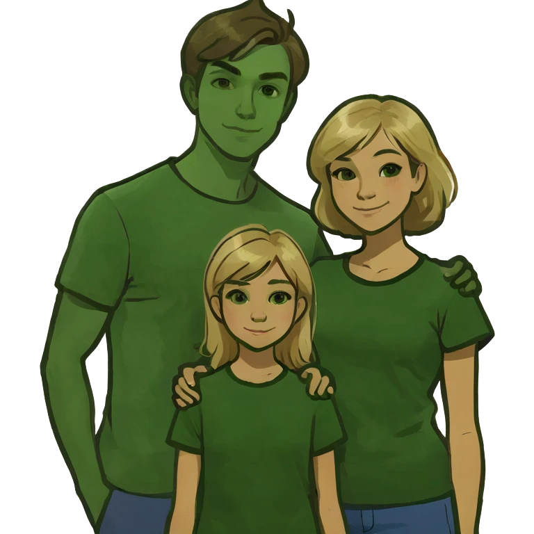 Create an emoji of a family of 4. 2 teenage girls with brown hair one young teenager with brown hair and blonde mum  emoji