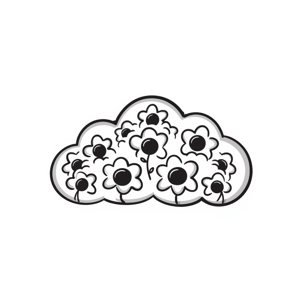 Hand-drawn cloud made of simple flower doodles emoji