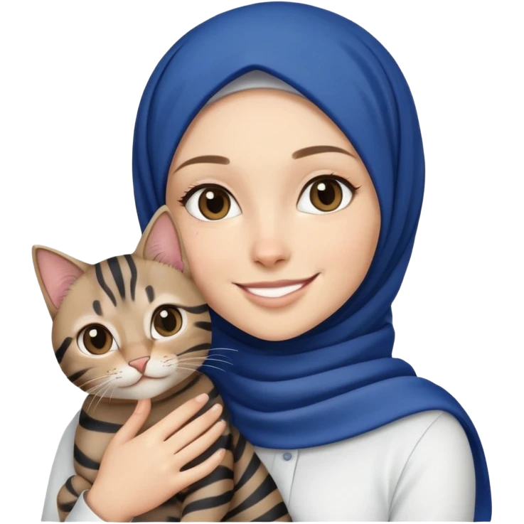 White girl wearing dark blue hijab with white shirt smiling while holding a black stripes tabby cat emoji