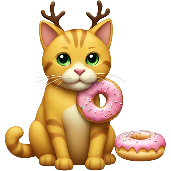 A yellow cat with a reindeer headband and a donut  emoji