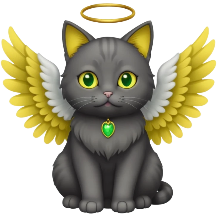 Dark gray cat with green-yellow eyes that has angel wings emoji