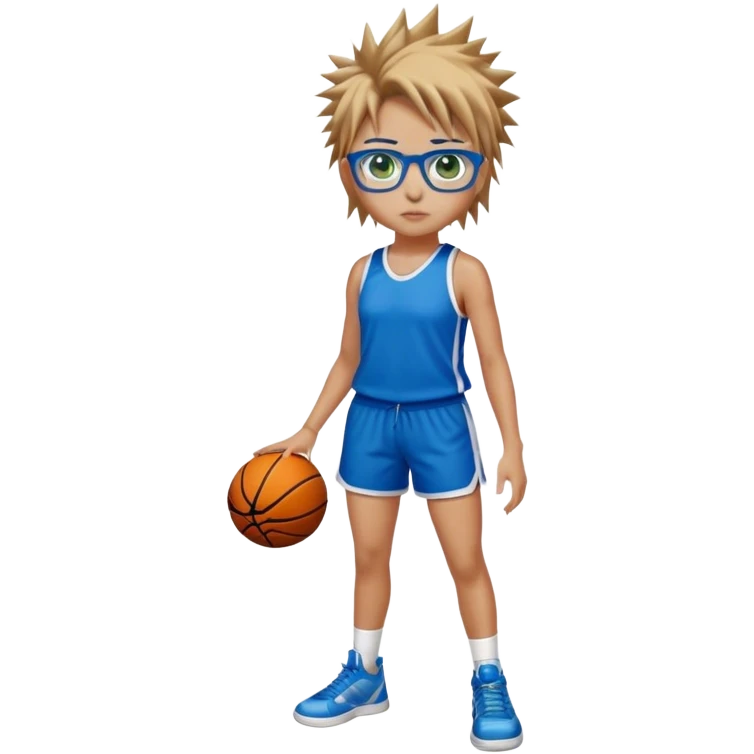Full Body Girl with basketball short spikey brown hair with blond highlights wearing blue glasses with green eyes emoji