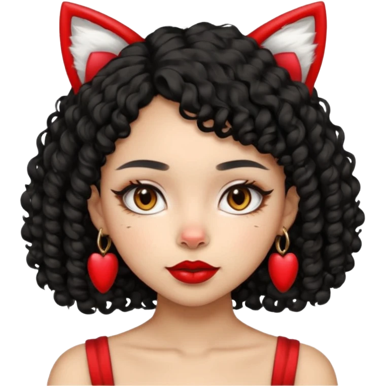 lightskin girl with black curly hair, red lipstick, white cat ears emoji