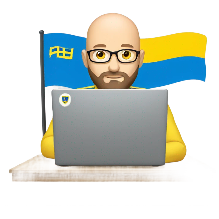 bald man with a beard on a laptop, laptop logo is flag of Ukraine emoji