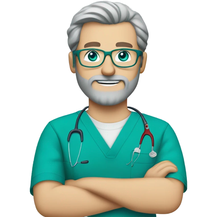 male dark blond with grey beard doctor with blue-green eyes and wire-rimmed glasses in teal scrubs holding a paintbrush and a jigsaw emoji