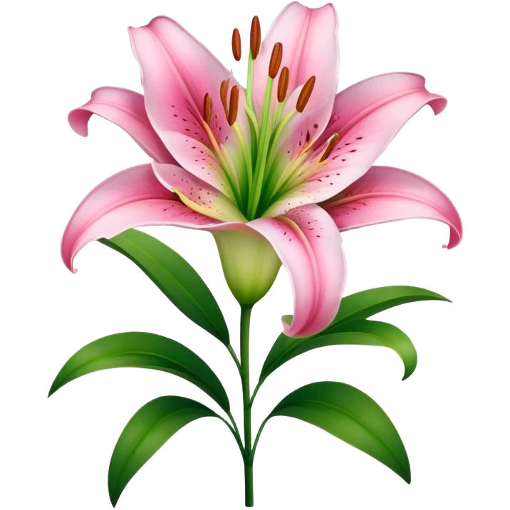 Beautiful pink lily flower with green stem and leaves emoji