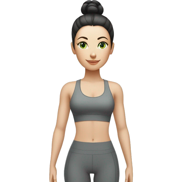 Pale skinned fit woman In a gray tight yoga suit and wristbands With ash black hair in a bun and green eyes doing yoga emoji