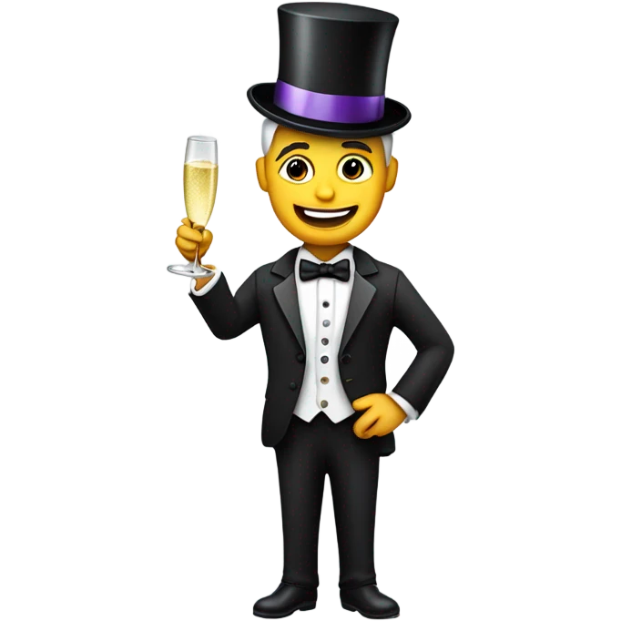Man in tuxedo winking and holding champagne wearing a birthday hat emoji
