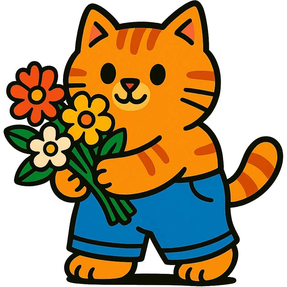 a chubby kitten in pants with a bouquet of flowers emoji