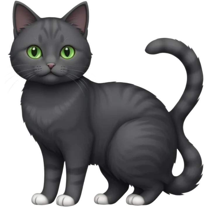 full body view of beautiful female solid dark grey cat with green eyes, white toes/paws and white patch on her chest emoji