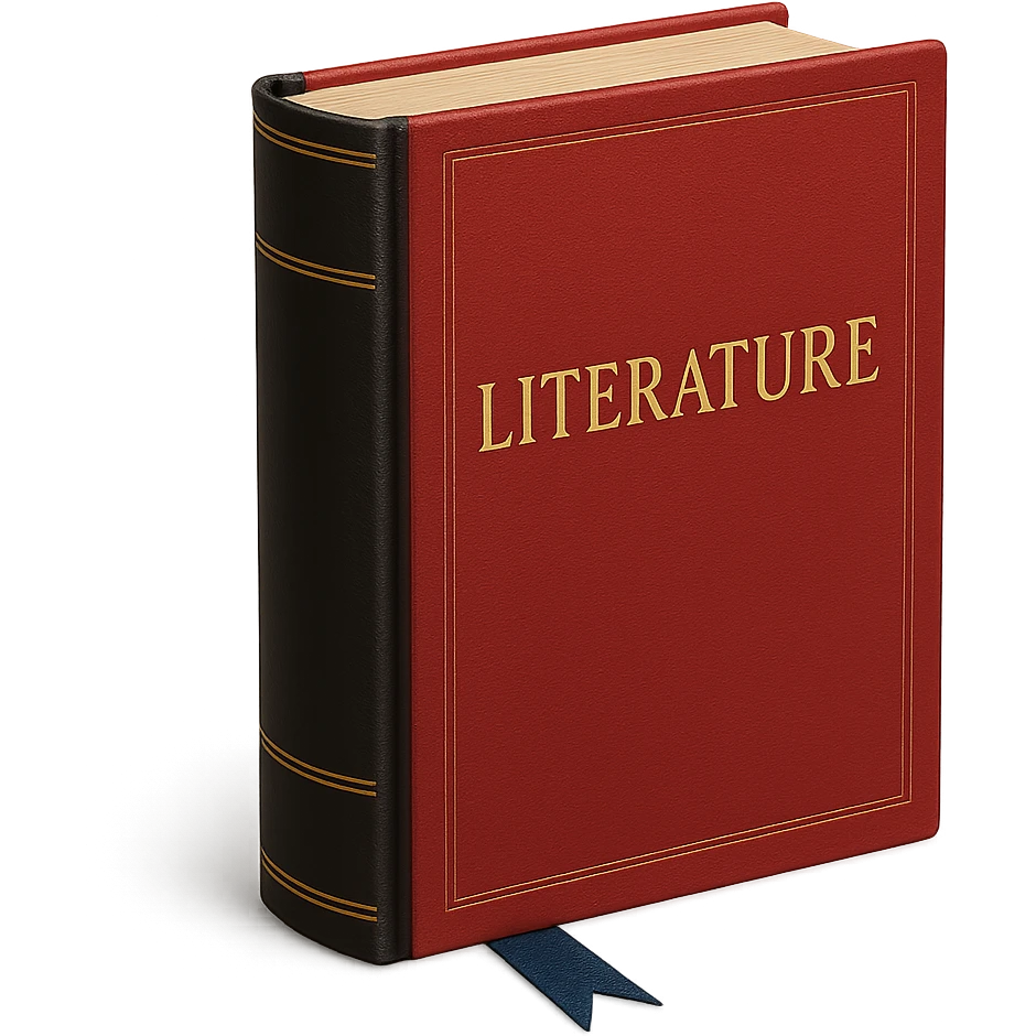 Book with red cover, gold lettering, black spine, blue bookmark, elegant literary style emoji