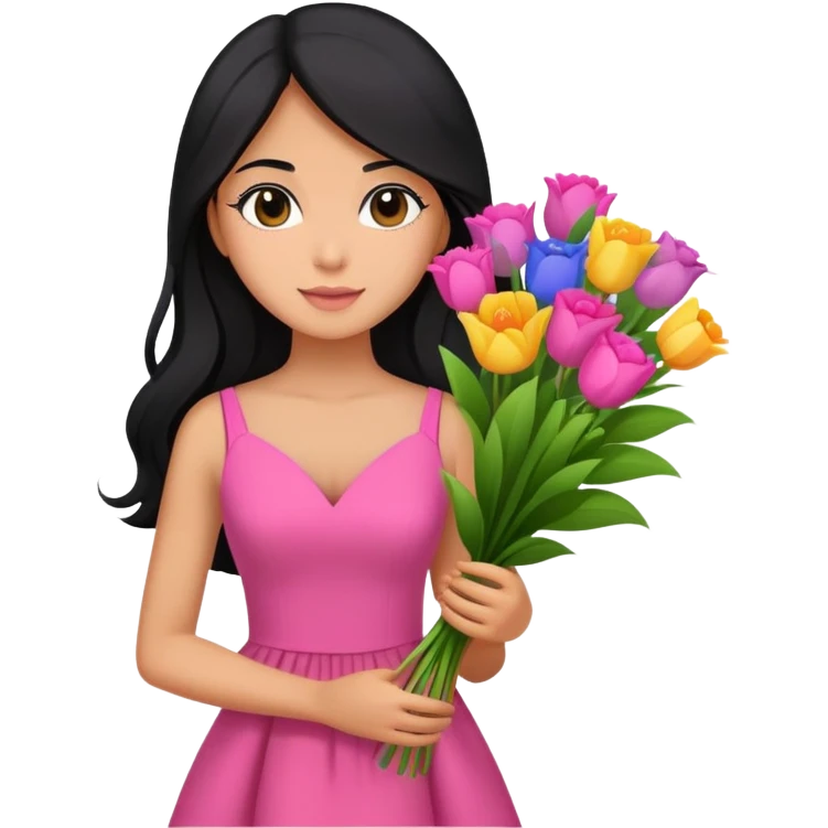 beautiful girl with long black hair wearing pink dress holding a colorful bouquet of flowers emoji