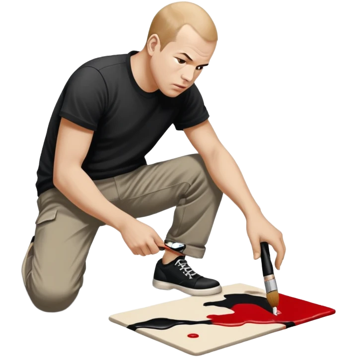 Jackson pollock the abstract artist leaning over to flick black white and red paint from a brush onto a canvas at his feet on the ground emoji