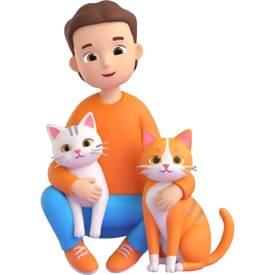 boy and cat pet in forrest background, close up pose emoji