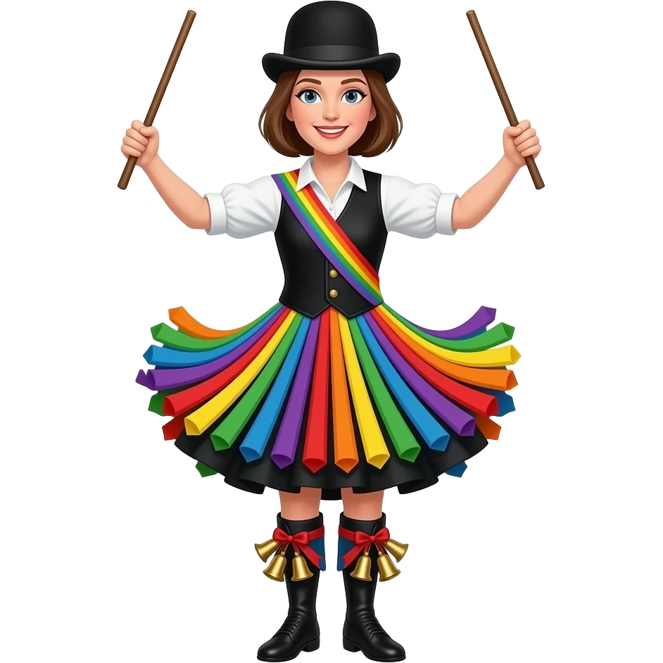 Female Border Morris dancer with sticks in hands and christmas bells on shins only with rainbow tatters coming off her waist and vest and black bowler hat emoji