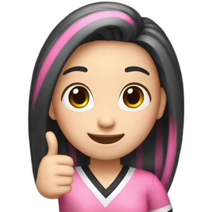 women with black Pink striped hair, a long long hair, pink eyes,korean, She raises a thumbs up, nervous, and smiles  emoji