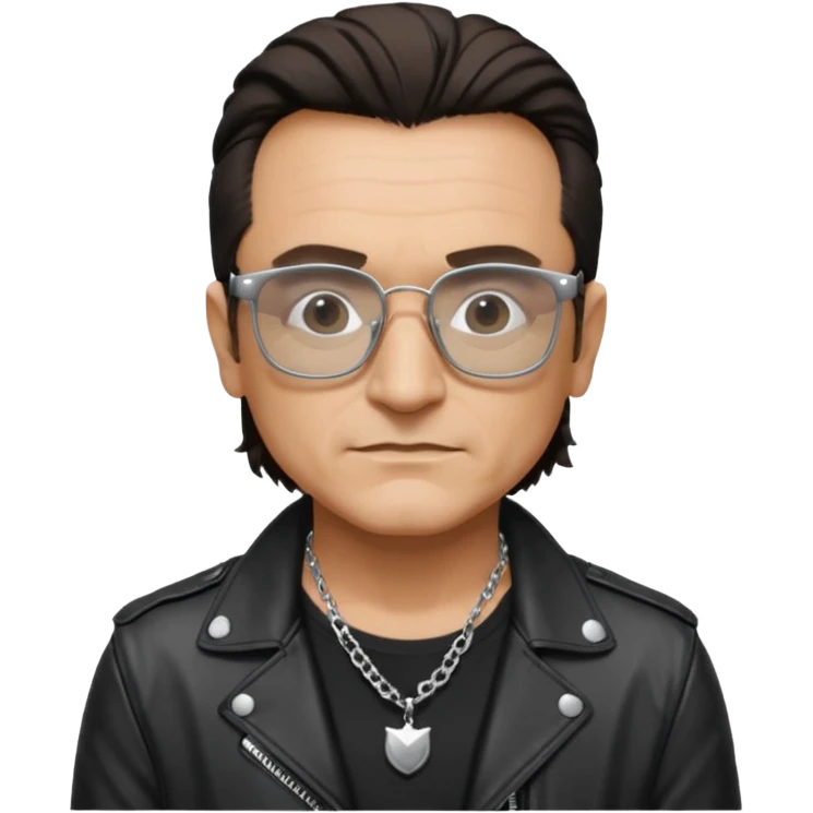 Bono with black glasses, shirt with silver necklace, black leather jacket  emoji