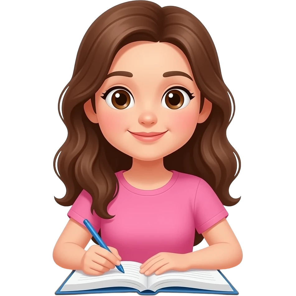 Barna hajú legyen rózsaszín felsőbe egy asztalnál üljön a lány és tanuljon a haja hosszú legyen és az arca az ne ilyen gyerekes legyen emoji