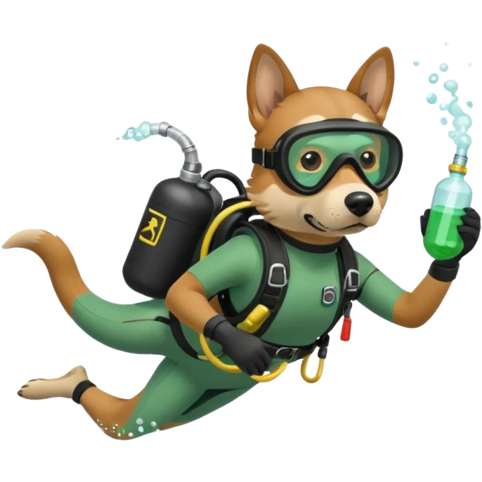 dog wearing scuba green gear dive into the sea with diver mask and oxygen tank emoji