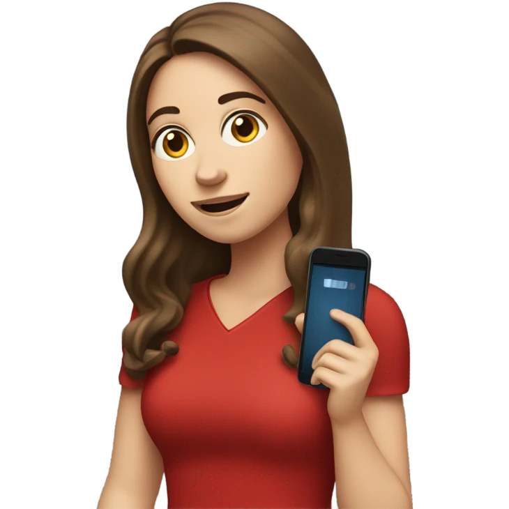 a white girl with long brown hair in a red dress holding a cell phone showing it emoji