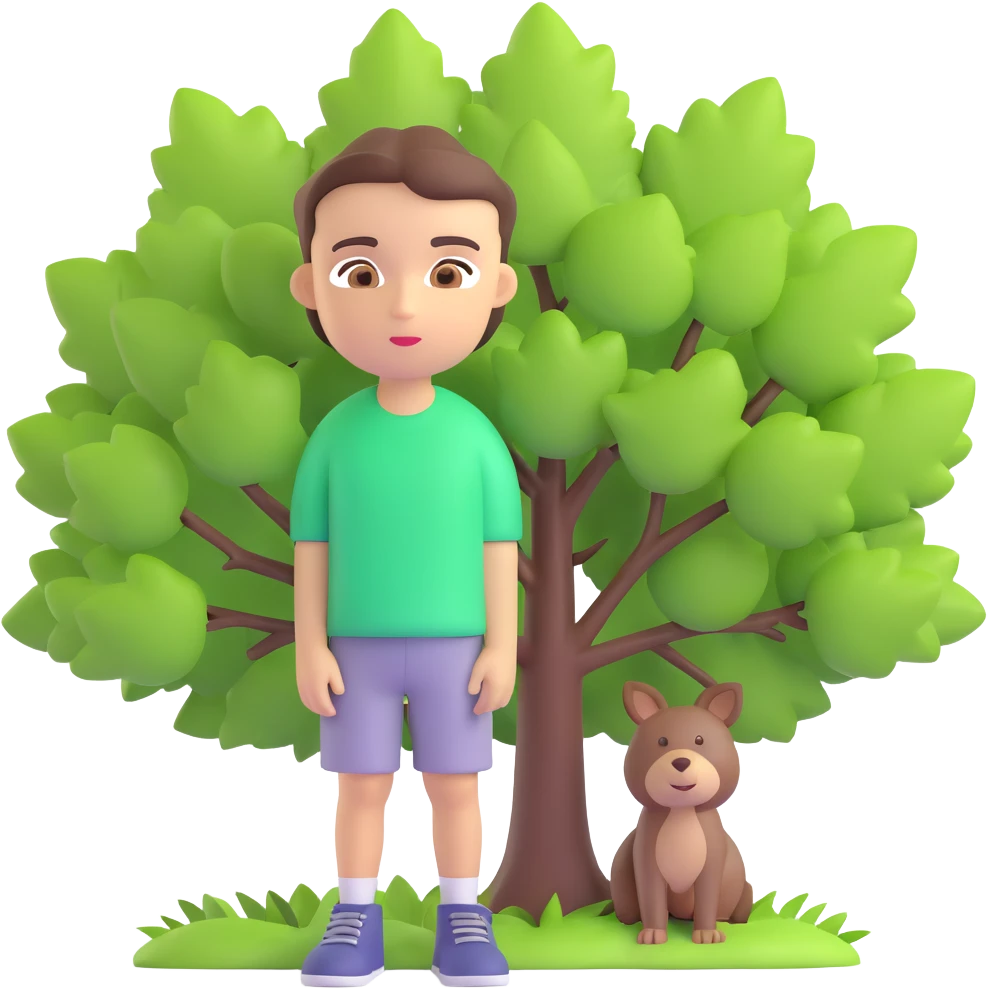 boy with straight short brunette hair brown eyes and tree behind emoji