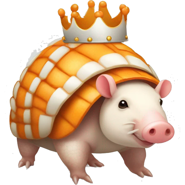 Orange and white piebald chubby round armadillo pig panda centipede armadillo wearing a crown emoji