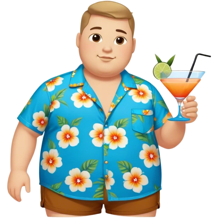 chubby guy full figure in a flowered azure havai shirt, brown shorts and flippers holding a cocktail emoji