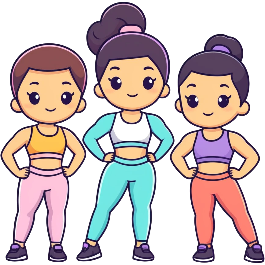 4 mixed races Pilates princesses in cute 2 piece workout sets (2 white girls, 1 Mexican, and 1 black girl) emoji