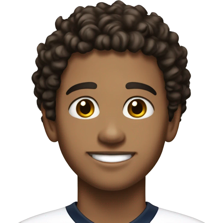 Boy, 20 years old, dark brown hair, hair short and curly, brown eyes, has freckles, smiling, wearing a white jersey with a number 52 emoji