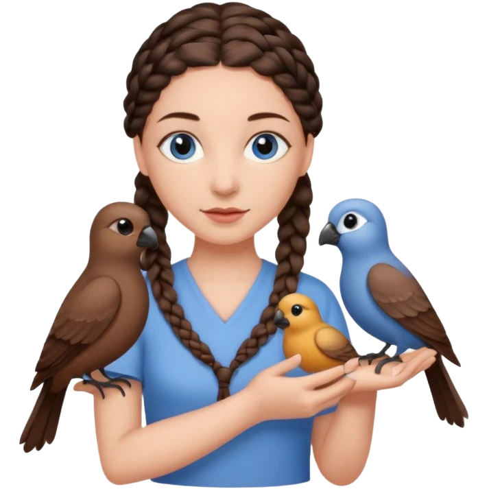 женщина с одной темно-коричневой косичкой серо-голубыми глазами и светлой кожей держит на руке трех птиц коричневого цвета emoji