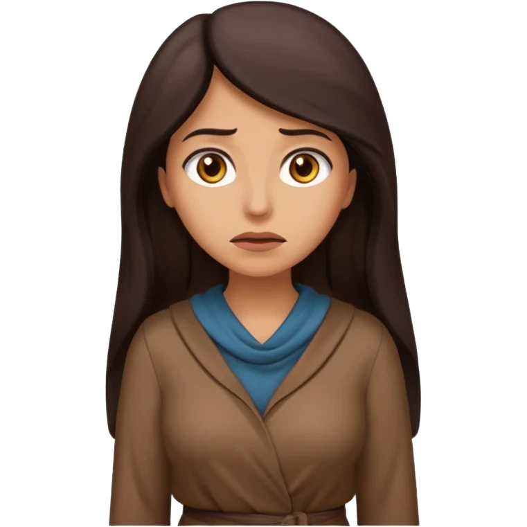 Cartoon emoji of a Middle Eastern-looking woman with long, loose dark hair, wearing chocolate-colored clothes. Full-height, standing, nervous, unsure, worried expression. Slightly hunched, anxious posture. Smooth, simple, stylized. emoji