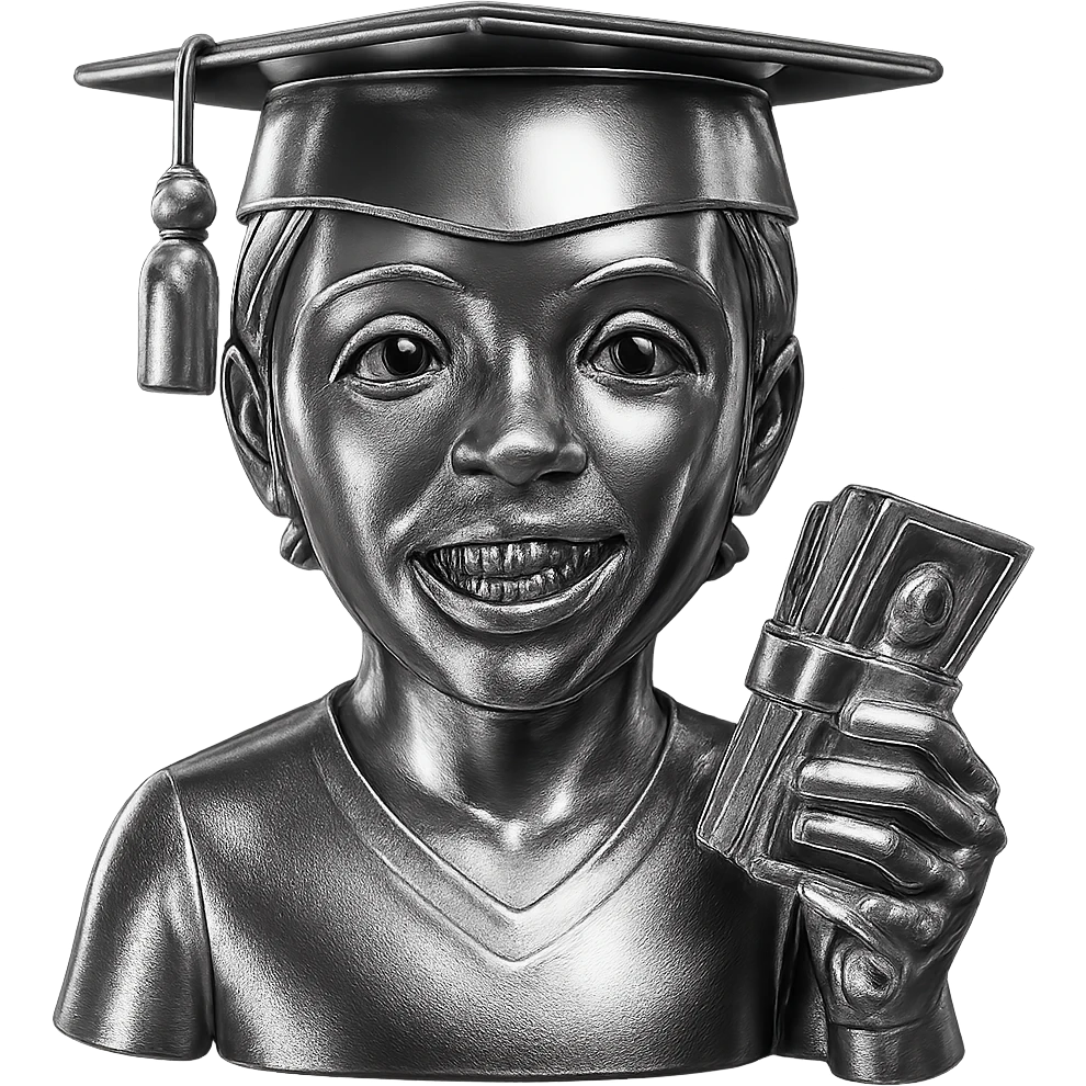 Edit the graduate emoji to hold a stack of cash in chrome style, add shiny grills to his mouth, keep everything metallic and shiny, no background. emoji