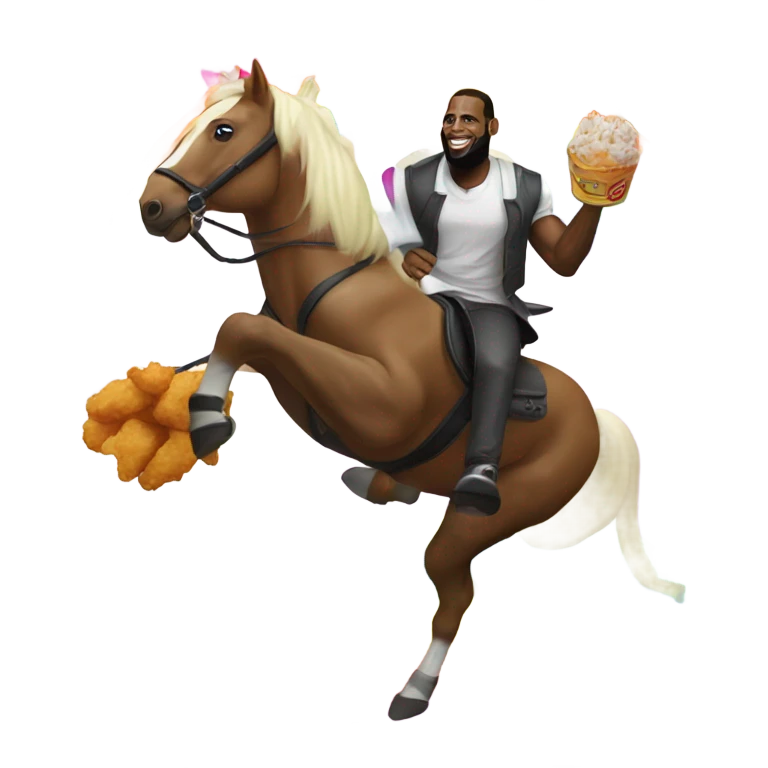 LeBron riding a pony over a rainbow eating fried chicken emoji