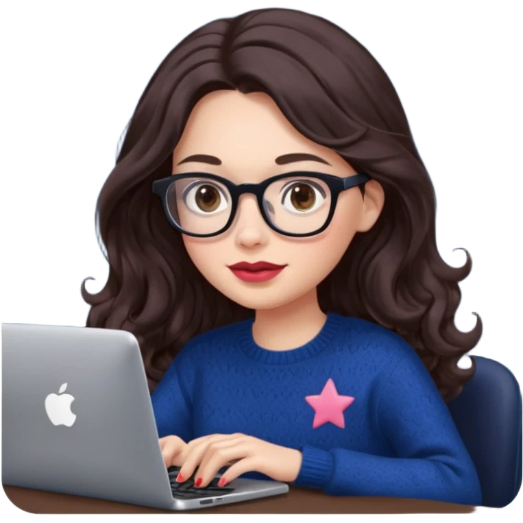 a white young woman with very long wavy dark brown/chocolate hair typing in a computer. she's using glasses, her lips are light red and her cheeks slightly pink. Her eyes are dark brown. She's using a dark blue knit sweater that has a tiny star in the middle   emoji