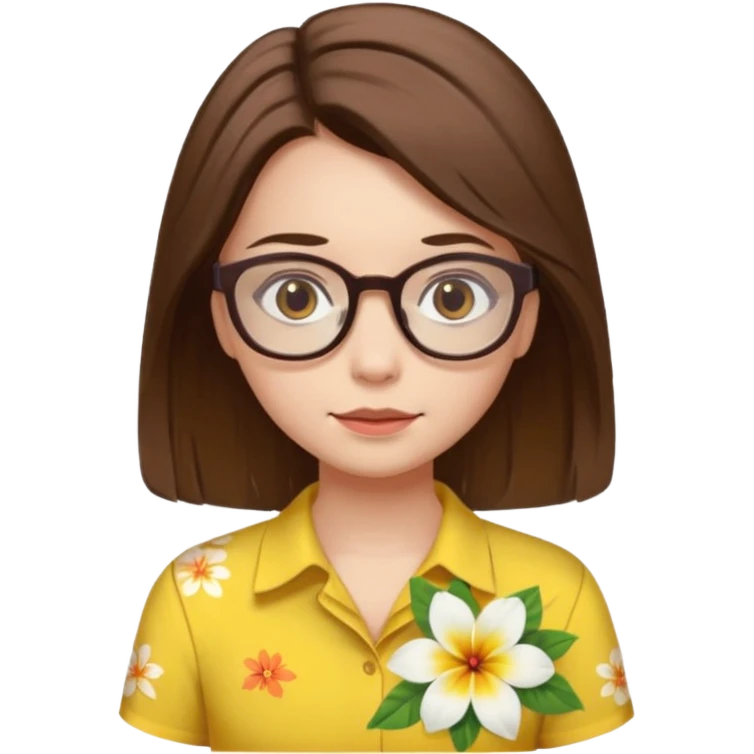 female with white skin. Shoulder length straight brown hair. Brown eyes with glasses. Hawaiian Flower in hair. Female wearing baby yellow shirt. emoji