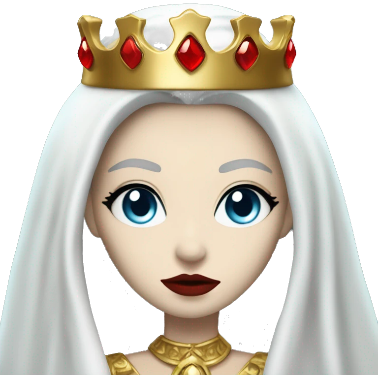 Queen with pale white skin, evil stare, icy blue eyes, bright red lips, long black hair, gold crown, and white robes. emoji