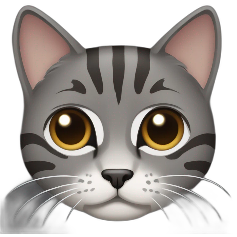 dark gray cat, tabby stripes, brown around black nose, giving an angry face emoji
