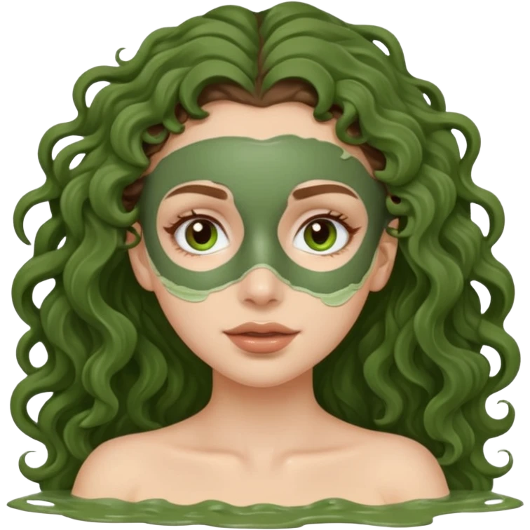 pale white girl with long brown curly hair green spa mud mask emoji