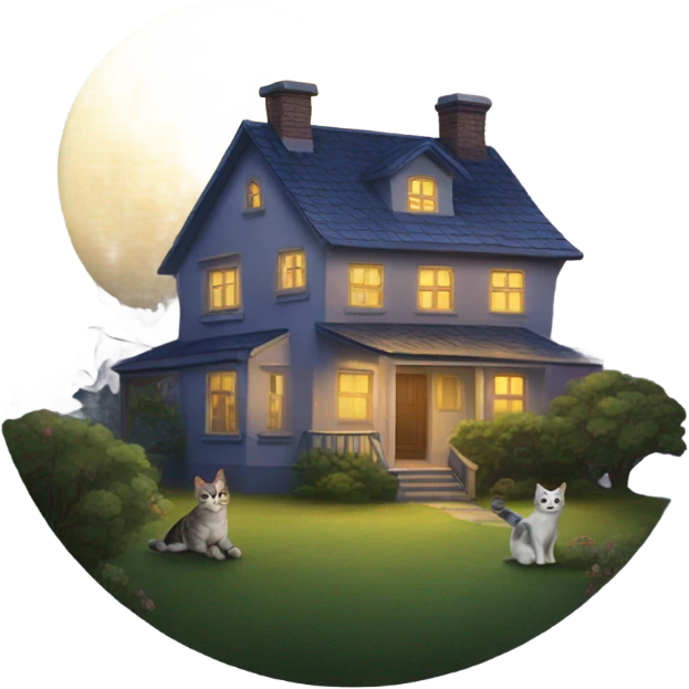 A house in the bush with a cat in night emoji