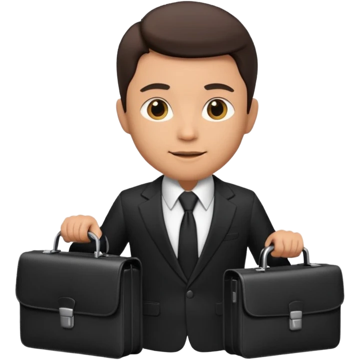 male memoji, elegant man in a black suit with tie, holding a briefcase, confident expression emoji