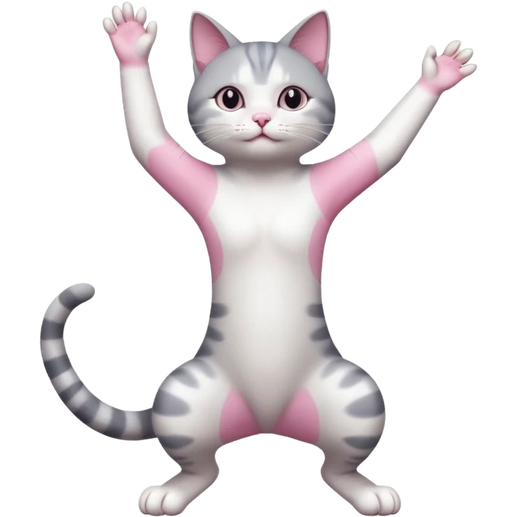grey and white cat doing a big long stretch reaching up into the air with arms and legs together emoji