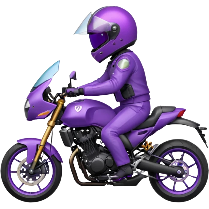 Créer un emoji avec une moto mt07 sport noir mate / violet iridescent très foncé. Avec une pilote dessus visière violet sombre faceless, bulle de la moto violet. Avec fond arrière violet, tenue complète casque inclus violet  emoji
